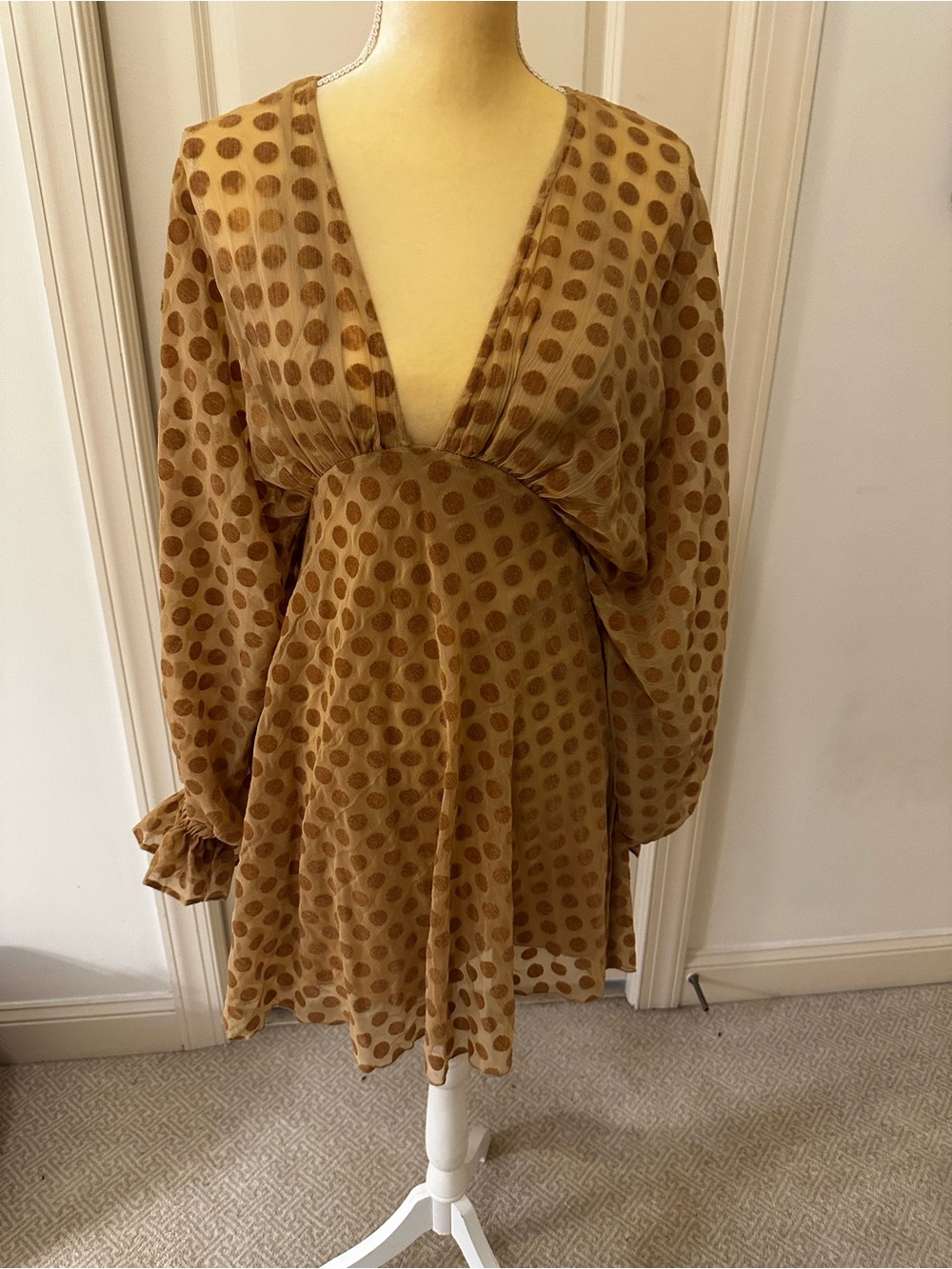 ASOS burnout Velvet Polka Dot V-Neck Long Sleeve Mini Dress - Brown Tan 2